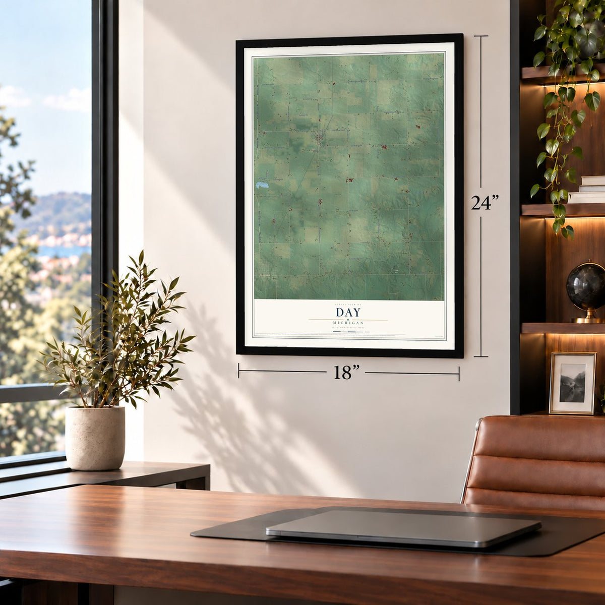 Day, Michigan map, 18 x 24 inch print in a black frame in a home office