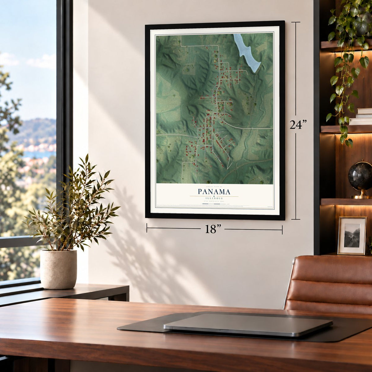 Panama, Illinois map, 18 x 24 inch print in a black frame in a home office