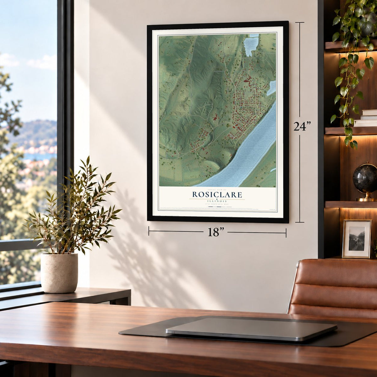 Rosiclare, Illinois map, 18 x 24 inch print in a black frame in a home office