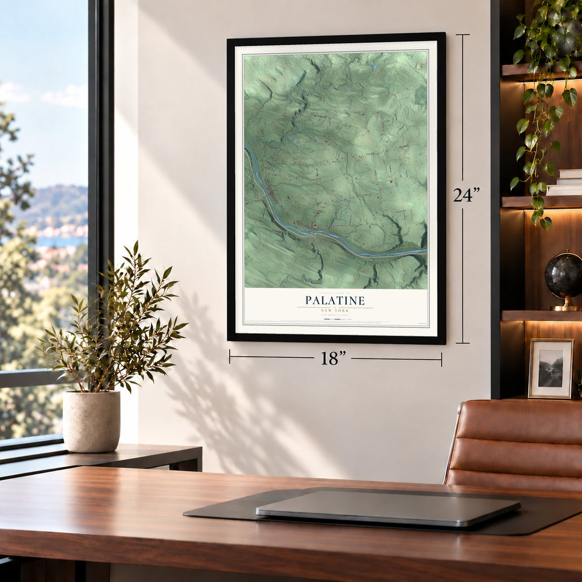 Palatine, New York map, 18 x 24 inch print in a black frame in a home office