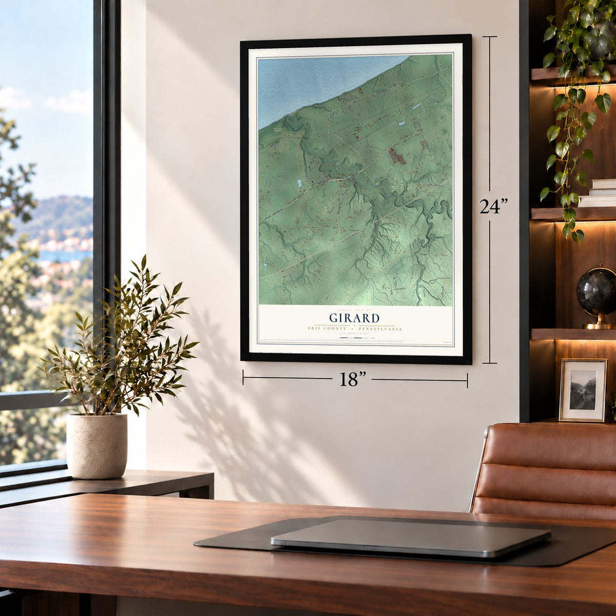 Girard, Erie County, Pennsylvania map, 18 x 24 inch print in a black frame in a home office