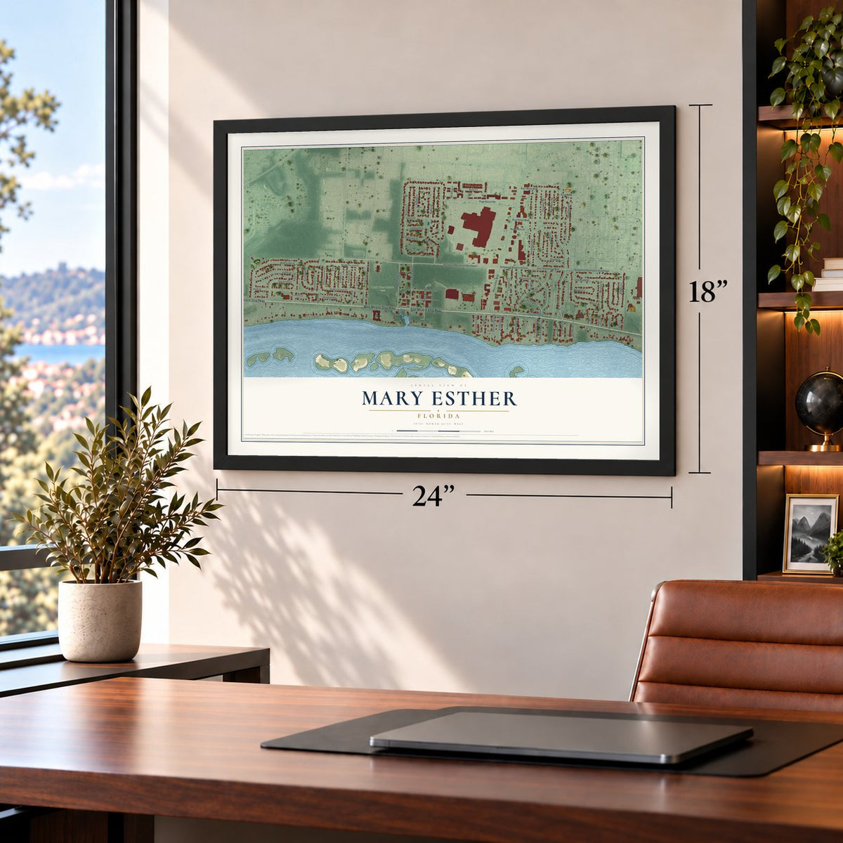 Mary Esther, Florida map, 18 x 24 inch print in a black frame in a home office