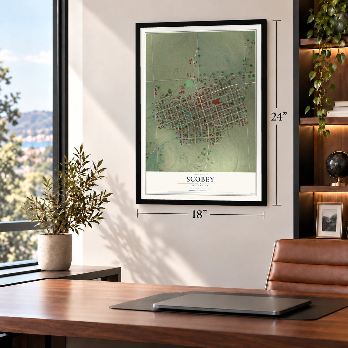 Scobey, Montana map, 18 x 24 inch print in a black frame in a home office