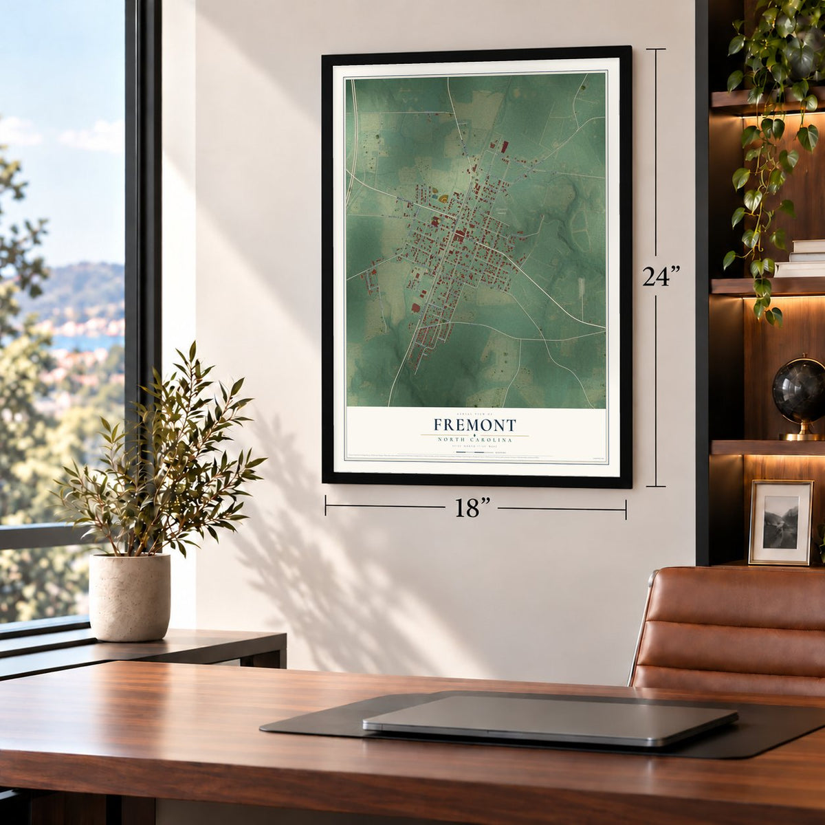 Fremont, North Carolina map, 18 x 24 inch print in a black frame in a home office