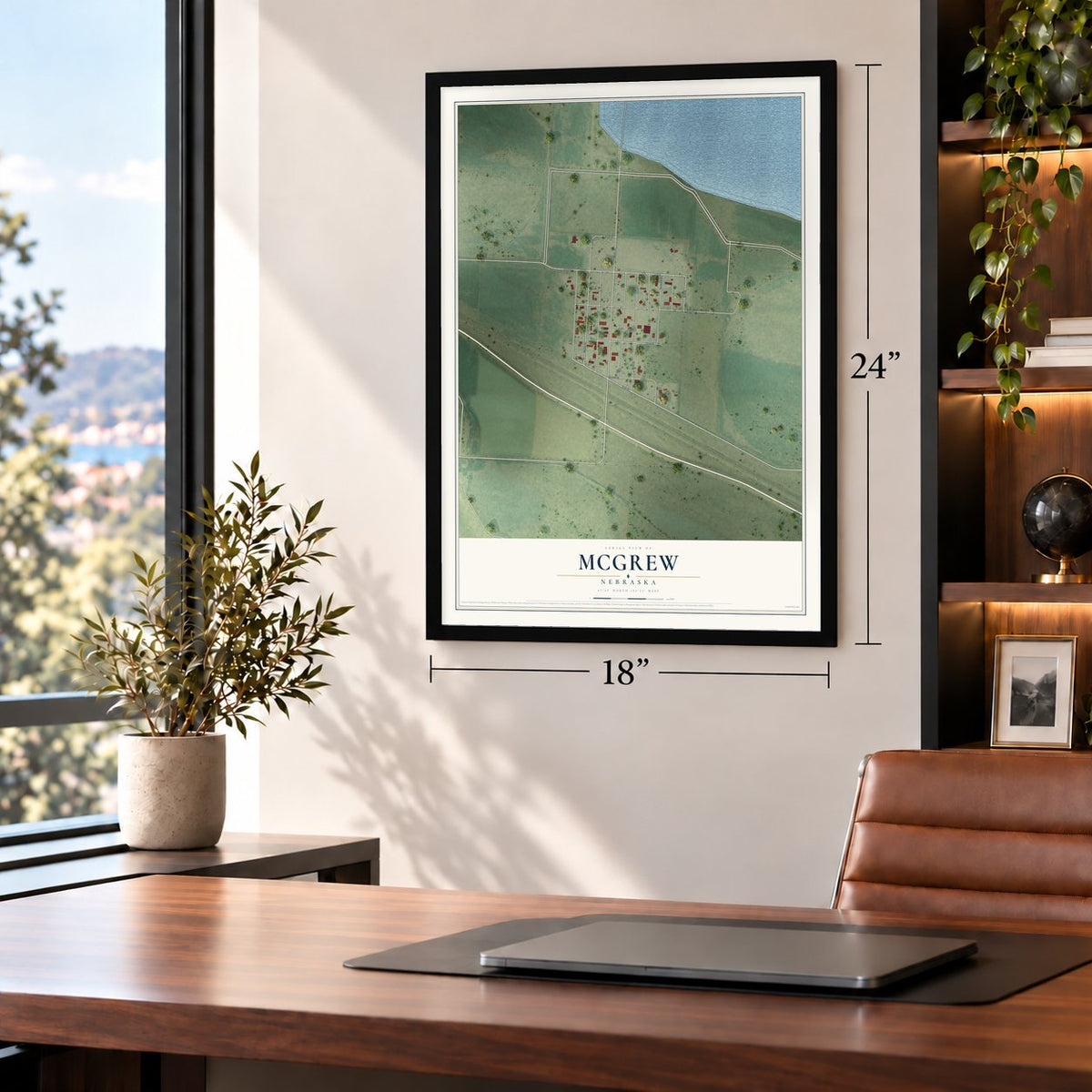 McGrew, Nebraska map, 18 x 24 inch print in a black frame in a home office