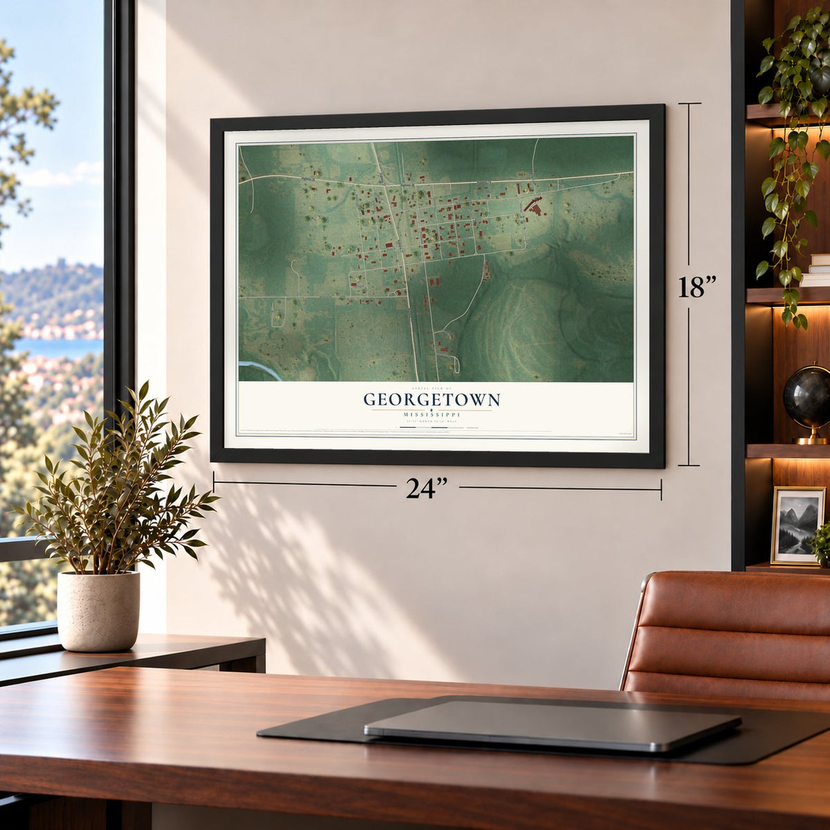 Georgetown, Mississippi map, 18 x 24 inch print in a black frame in a home office