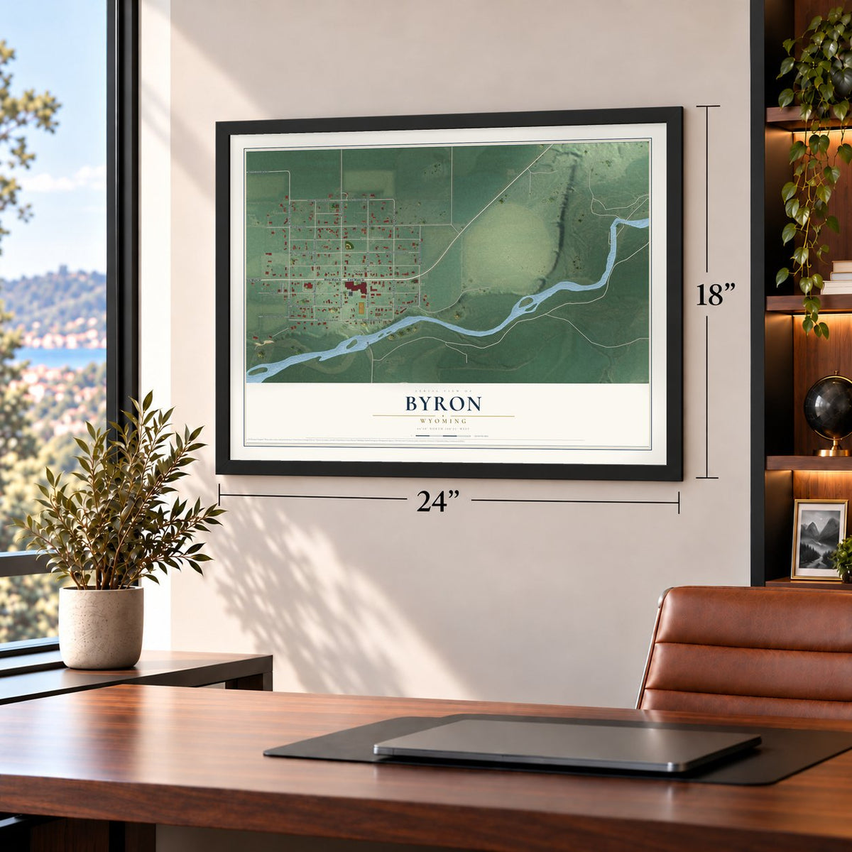 Byron, Wyoming map, 18 x 24 inch print in a black frame in a home office