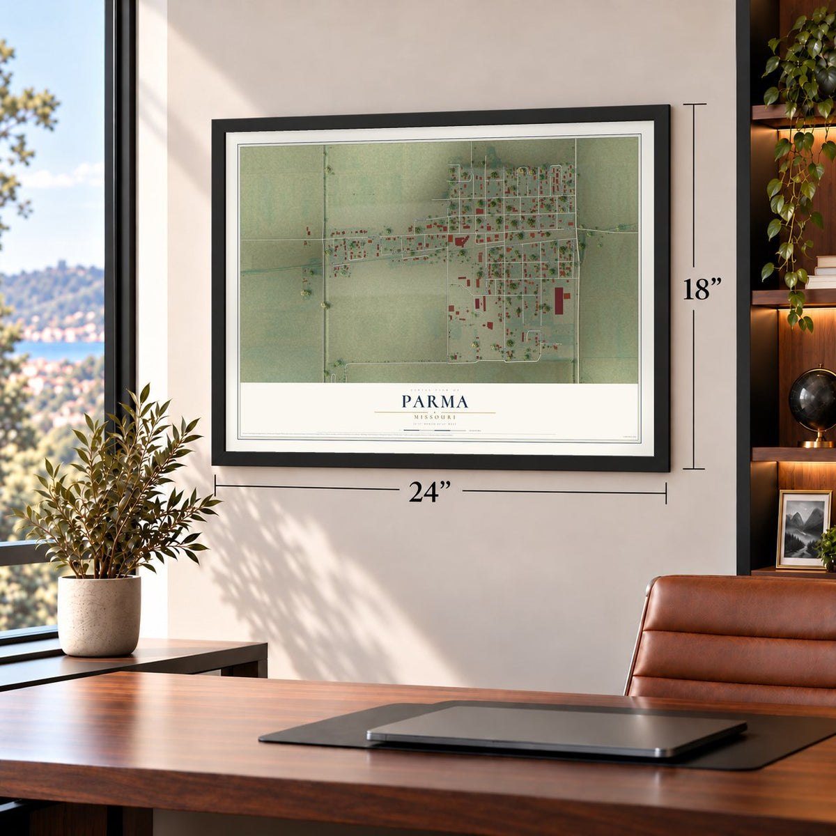 Parma, Missouri map, 18 x 24 inch print in a black frame in a home office