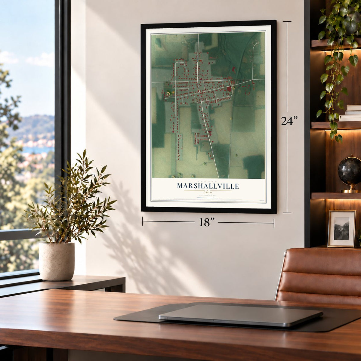 Marshallville, Ohio map, 18 x 24 inch print in a black frame in a home office