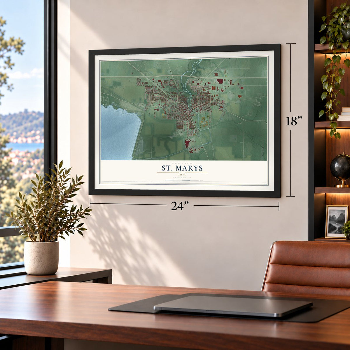 St. Marys, Ohio map, 18 x 24 inch print in a black frame in a home office