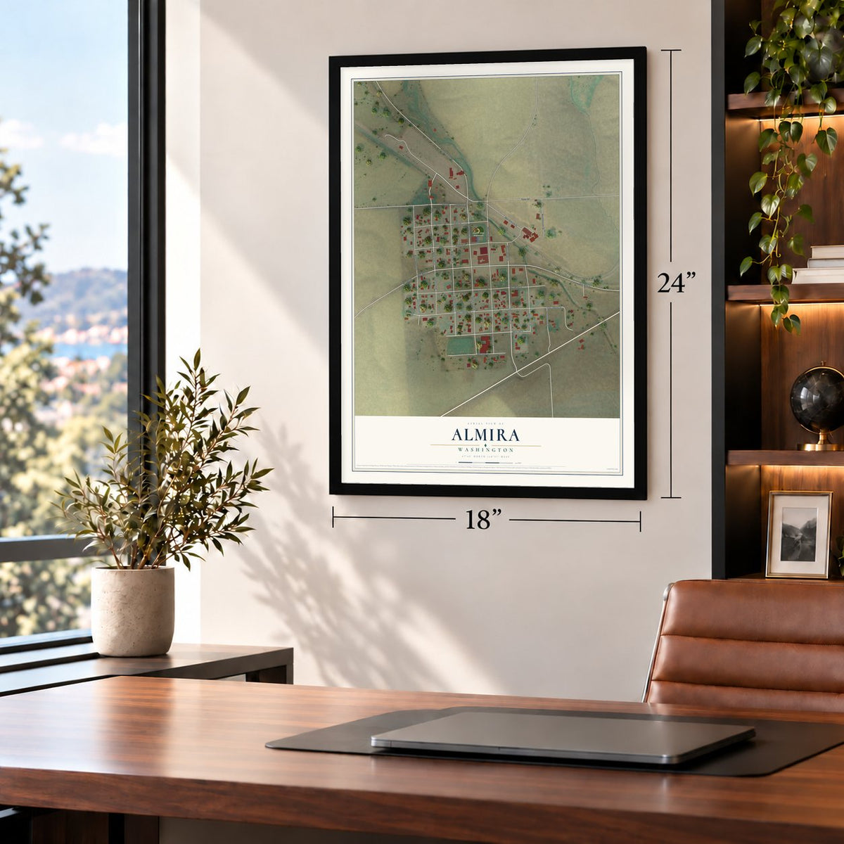Almira, Washington map, 18 x 24 inch print in a black frame in a home office