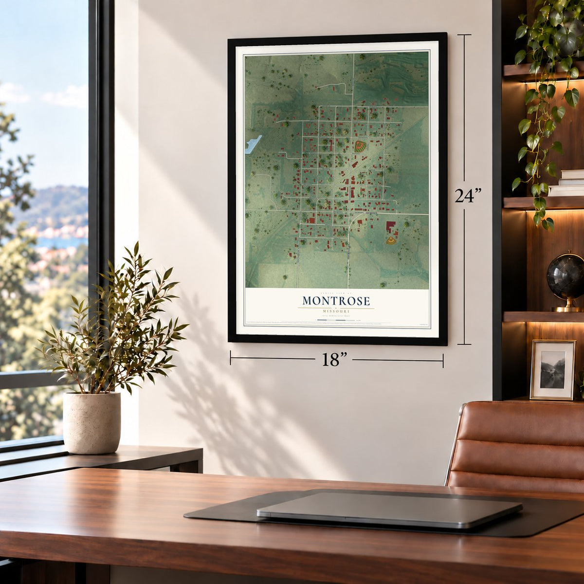 Montrose, Missouri map, 18 x 24 inch print in a black frame in a home office