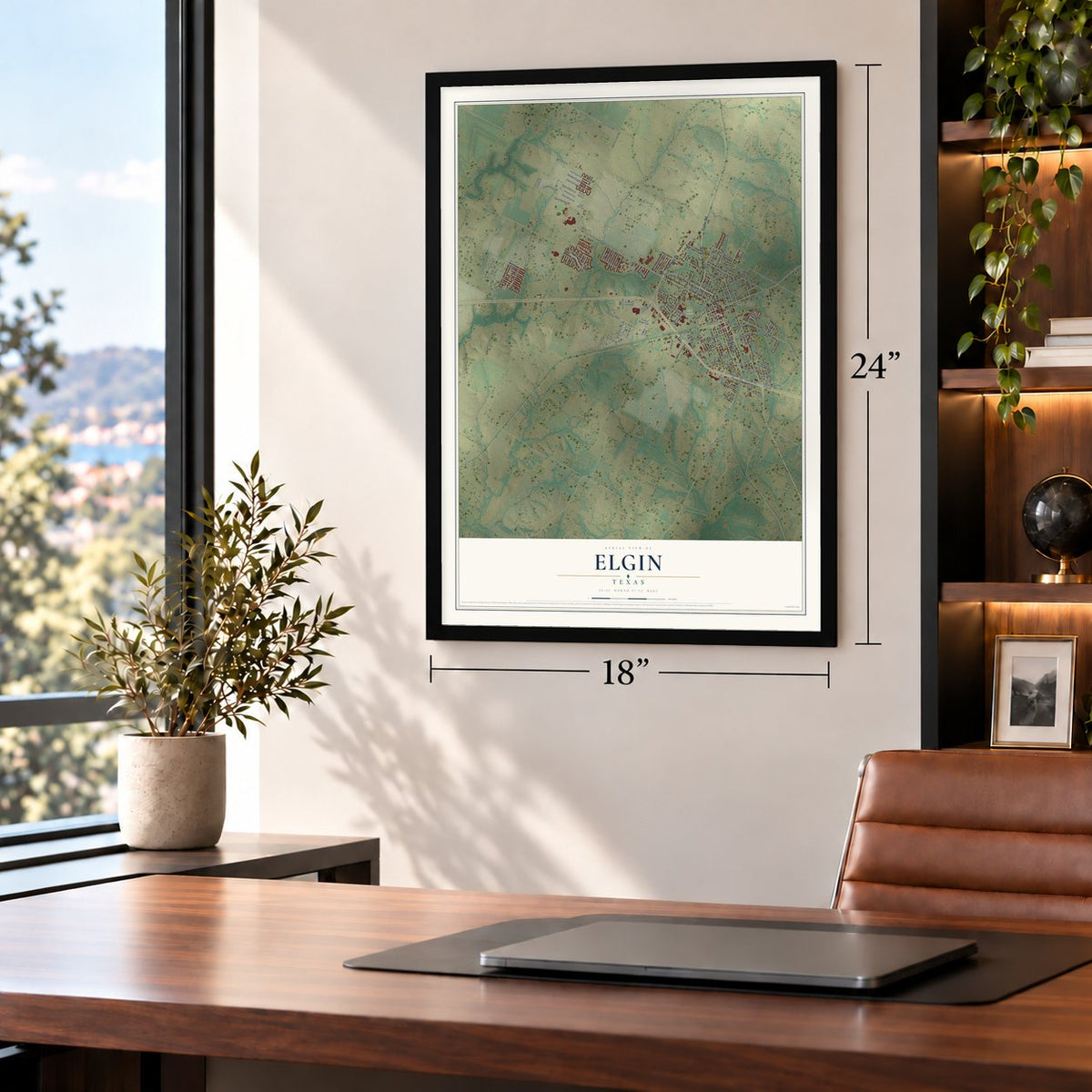 Elgin, Texas map, 18 x 24 inch print in a black frame in a home office