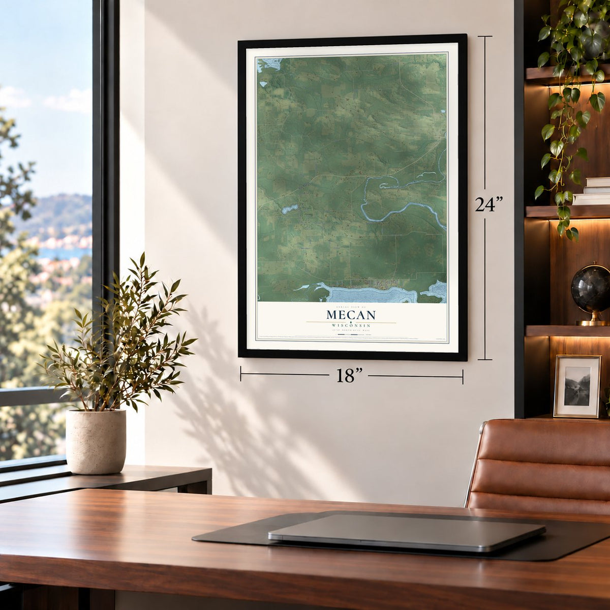 Mecan, Wisconsin map, 18 x 24 inch print in a black frame in a home office