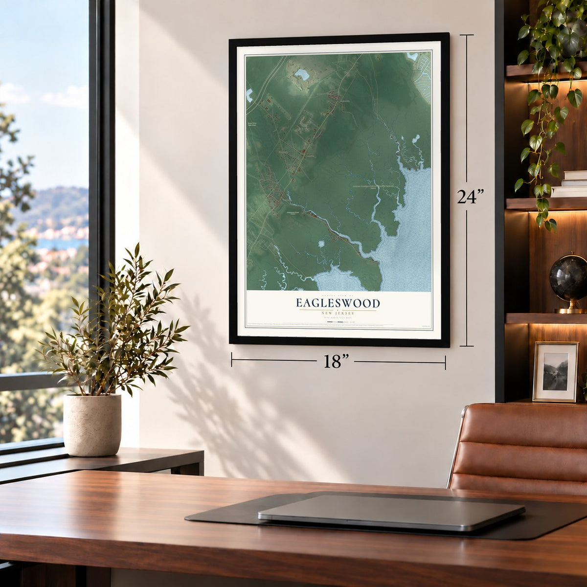 Eagleswood, New Jersey map, 18 x 24 inch print in a black frame in a home office