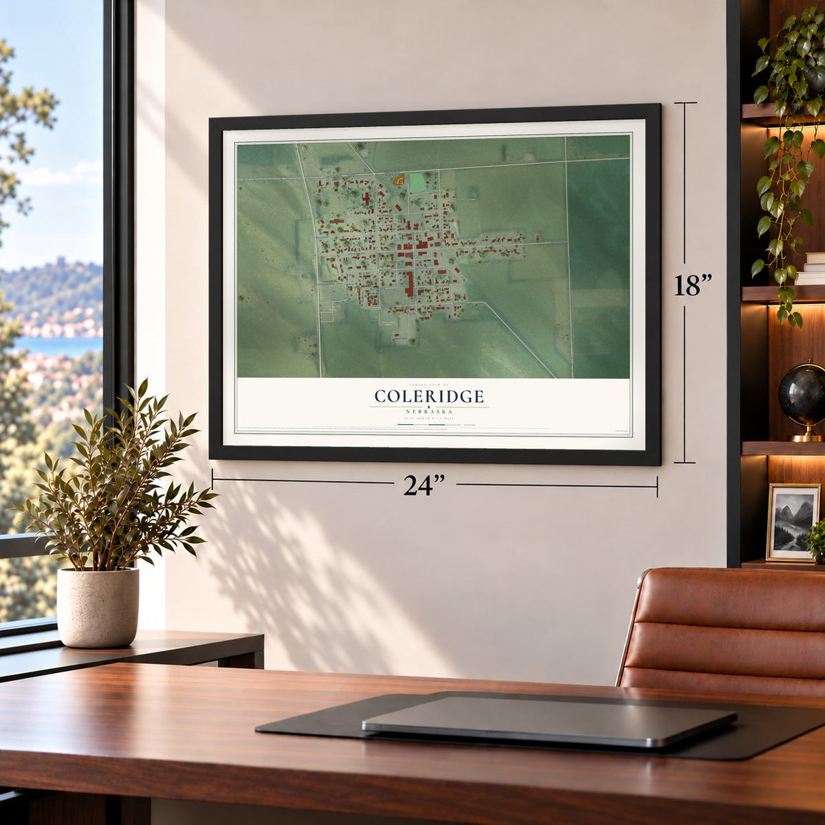 Coleridge, Nebraska map, 18 x 24 inch print in a black frame in a home office
