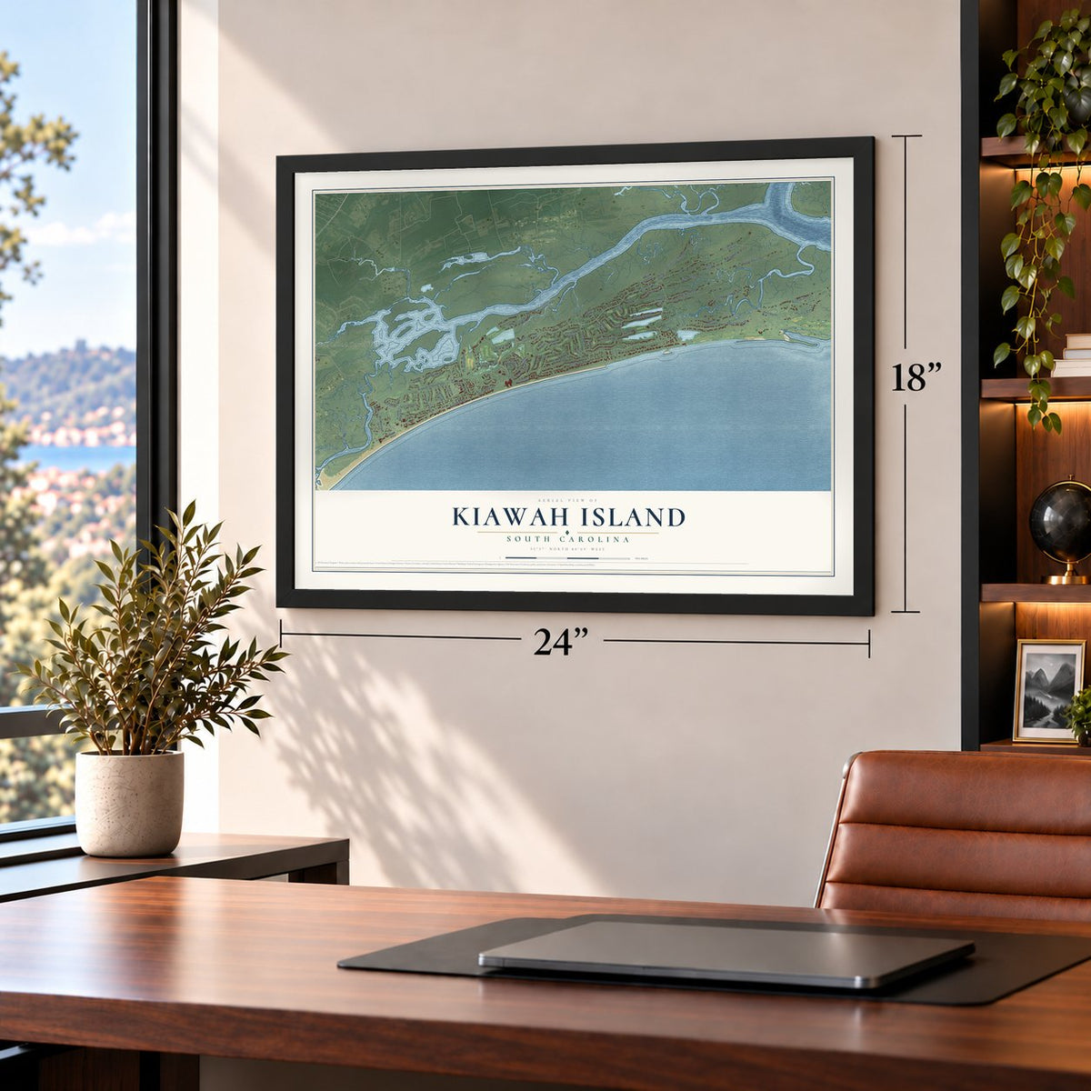 Kiawah Island, South Carolina map, 18 x 24 inch print in a black frame in a home office