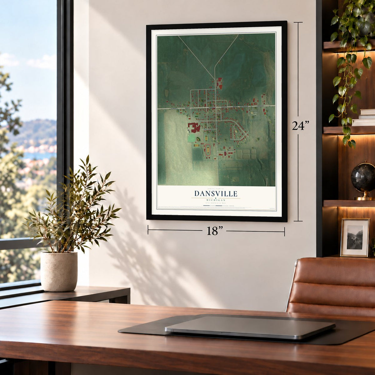 Dansville, Michigan map, 18 x 24 inch print in a black frame in a home office