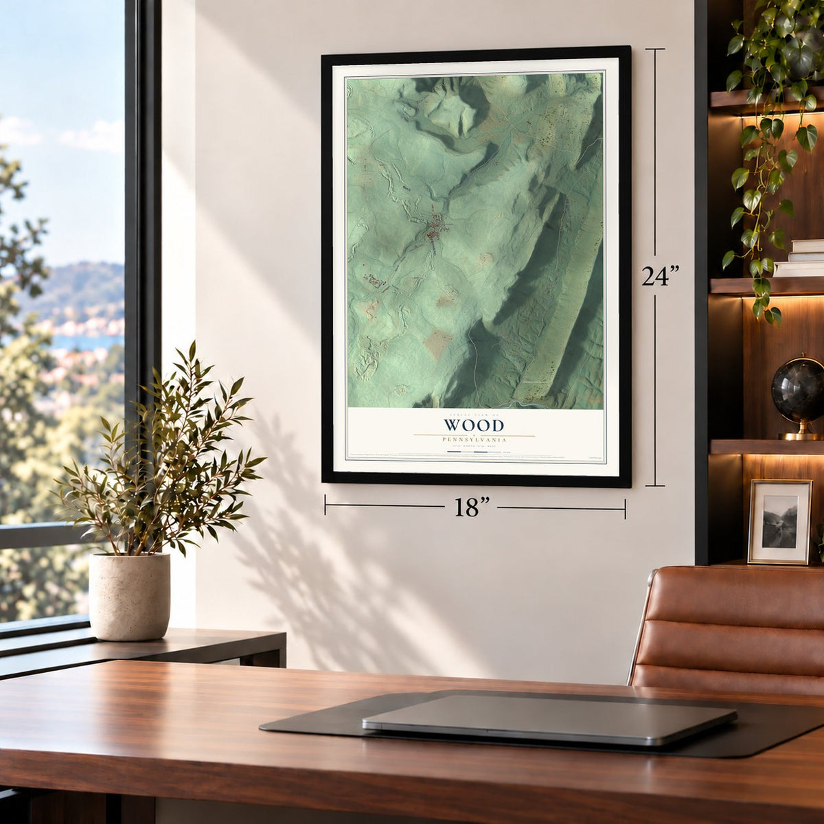 Wood, Pennsylvania map, 18 x 24 inch print in a black frame in a home office
