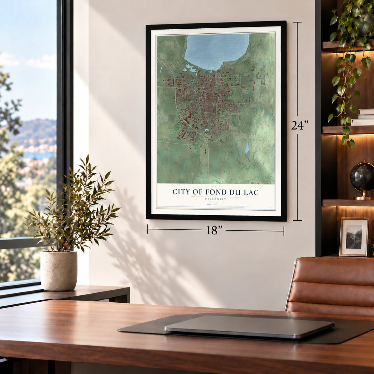 Fond du Lac, Wisconsin map, 18 x 24 inch print in a black frame in a home office