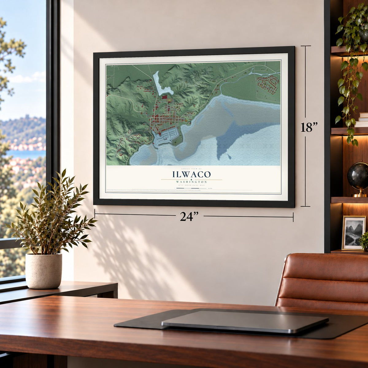 Ilwaco, Washington map, 18 x 24 inch print in a black frame in a home office