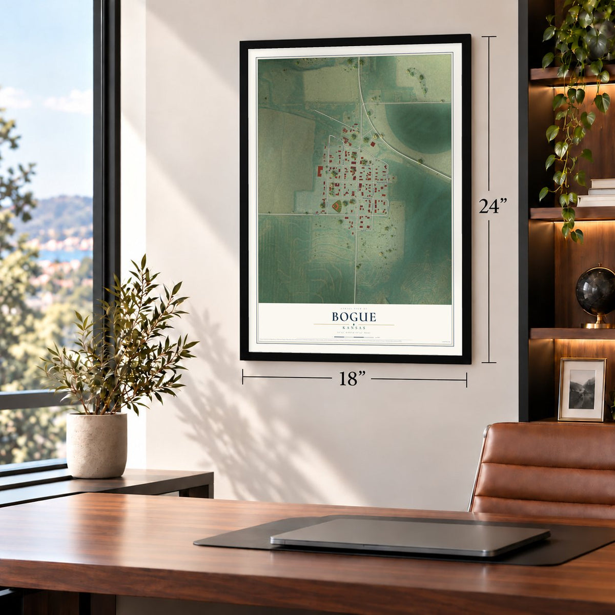 Bogue, Kansas map, 18 x 24 inch print in a black frame in a home office