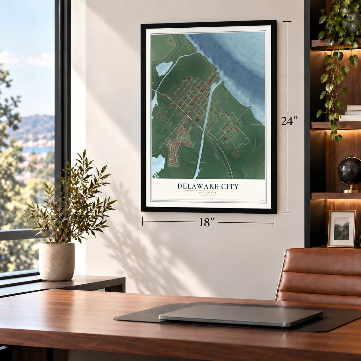 Delaware City, Delaware map, 18 x 24 inch print in a black frame in a home office