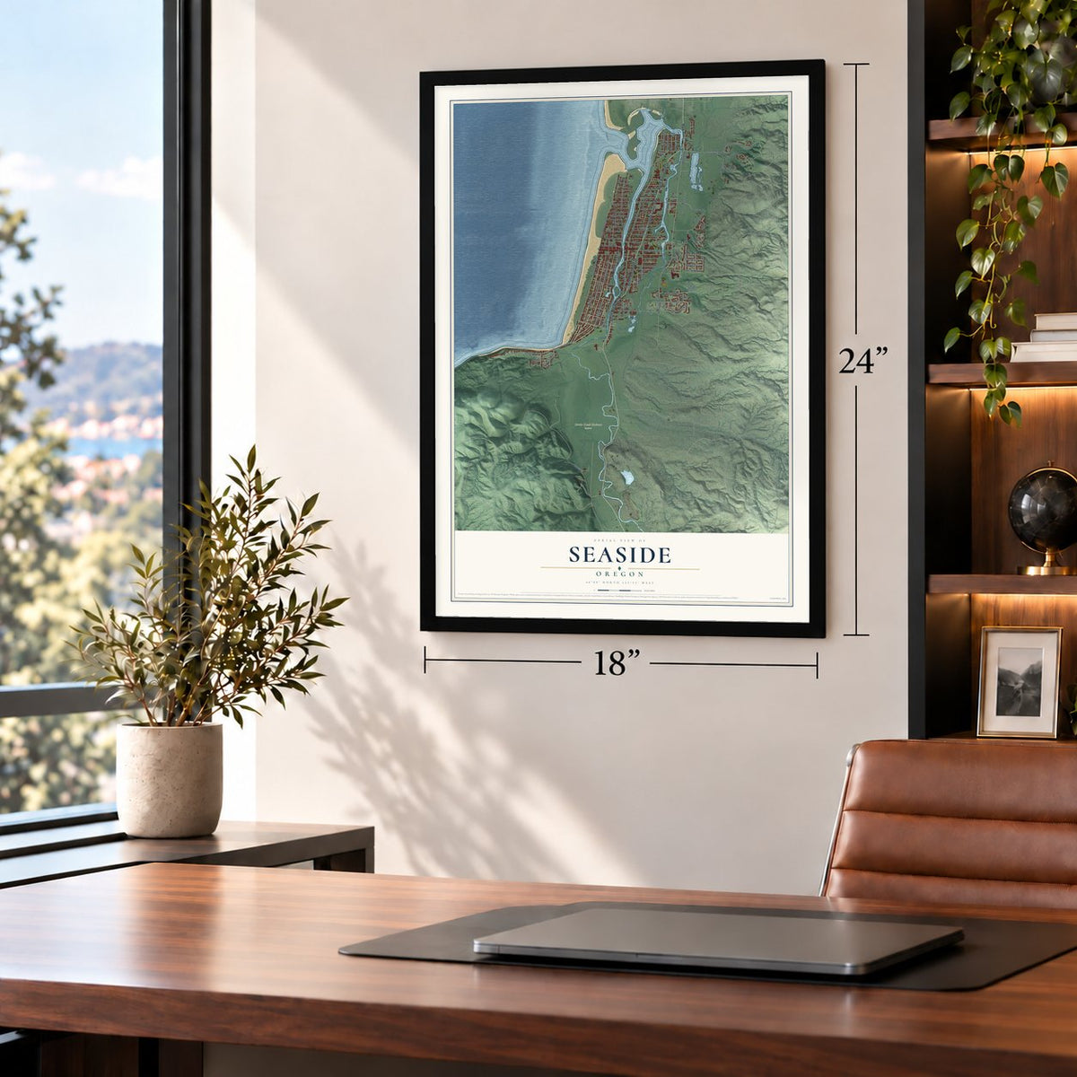 Seaside, Oregon map, 18 x 24 inch print in a black frame in a home office