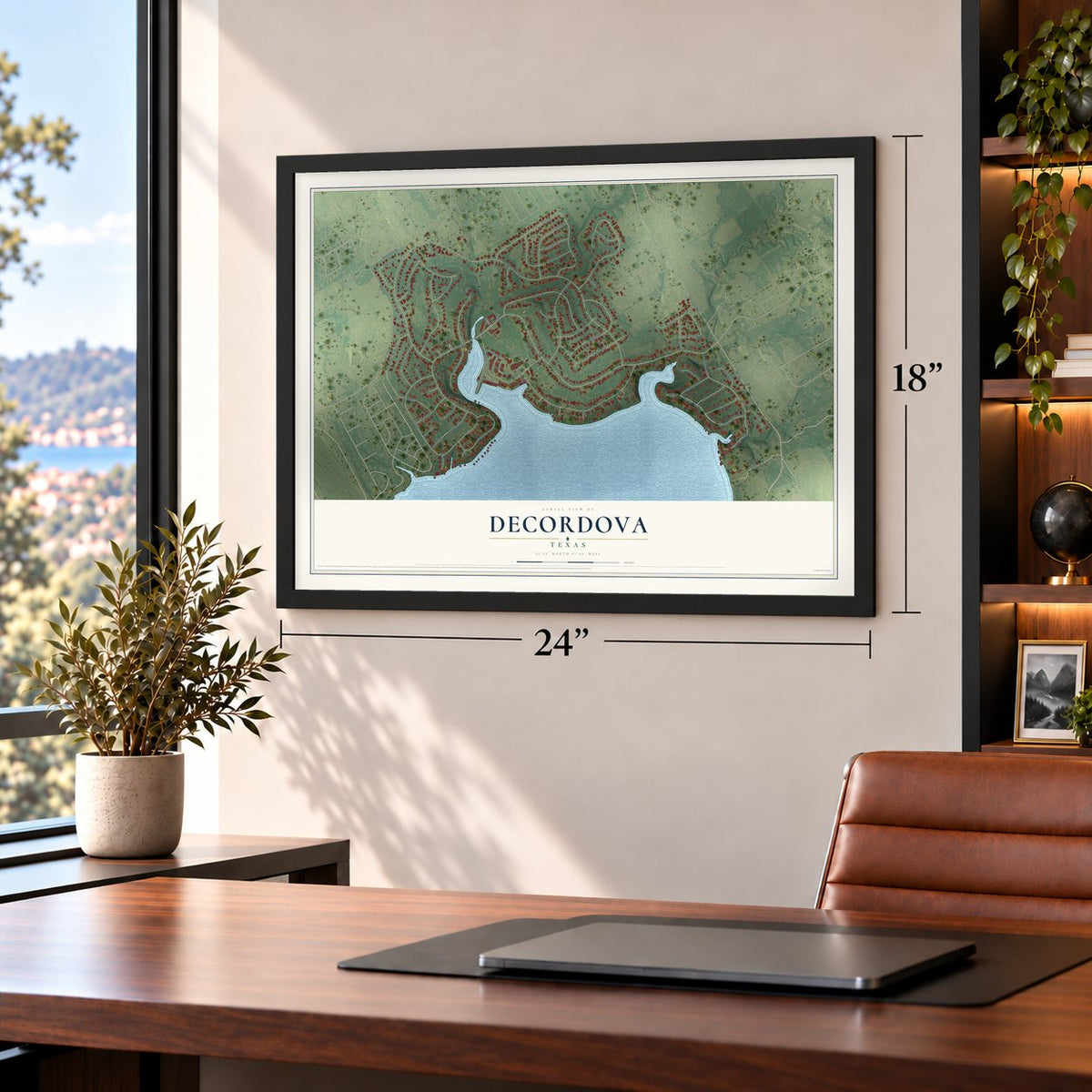 DeCordova, Texas map, 18 x 24 inch print in a black frame in a home office