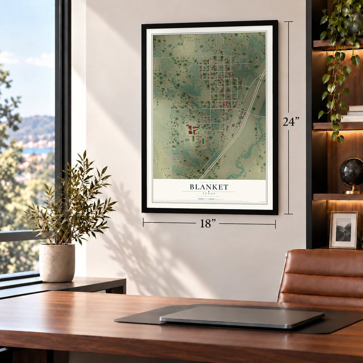 Blanket, Texas map, 18 x 24 inch print in a black frame in a home office