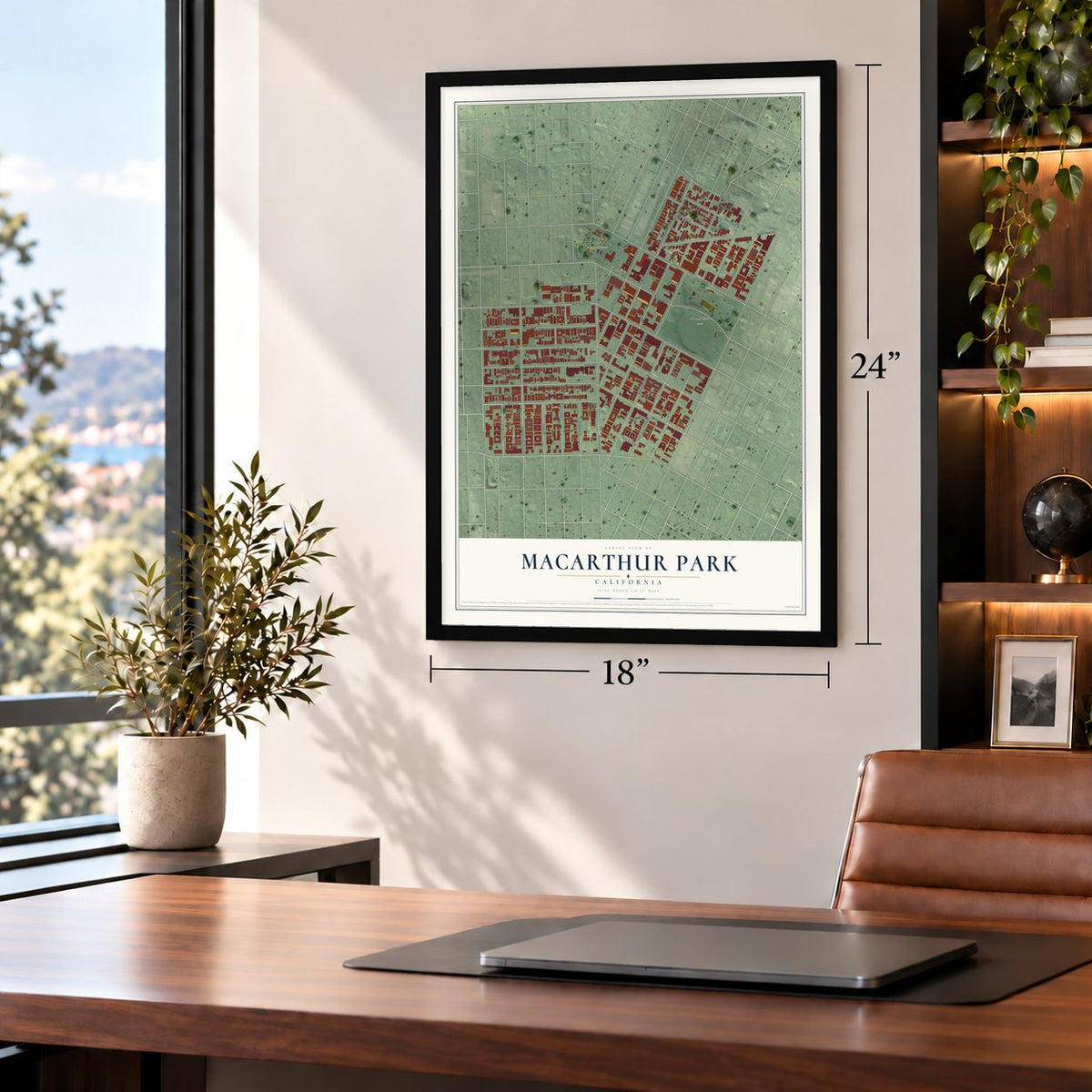 MacArthur Park, California map, 18 x 24 inch print in a black frame in a home office