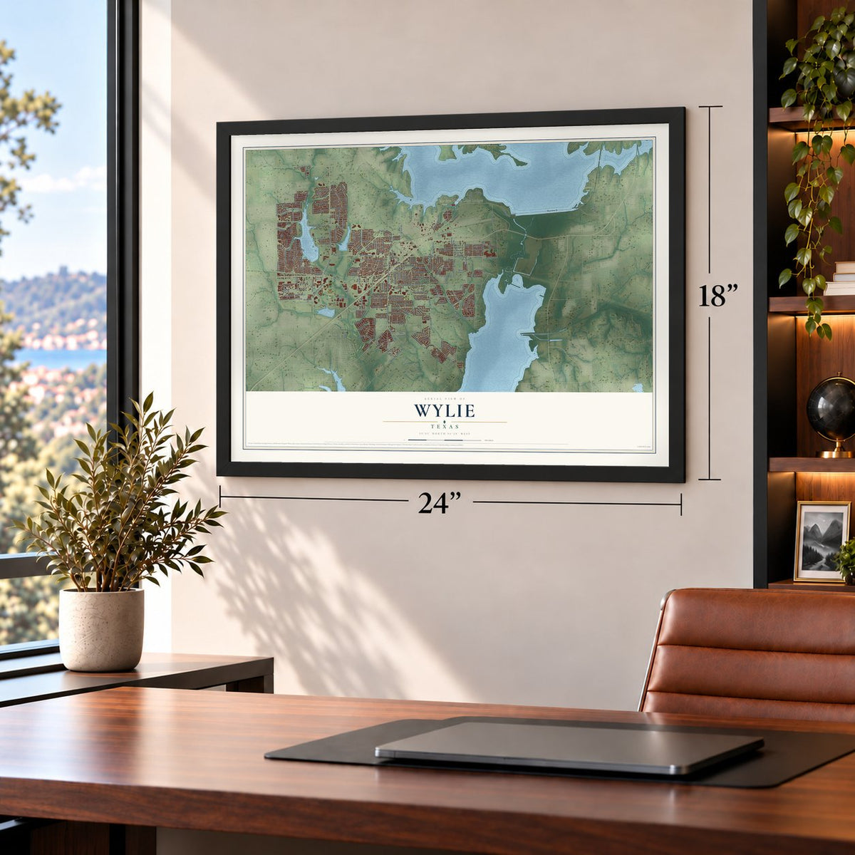 Wylie, Texas map, 18 x 24 inch print in a black frame in a home office