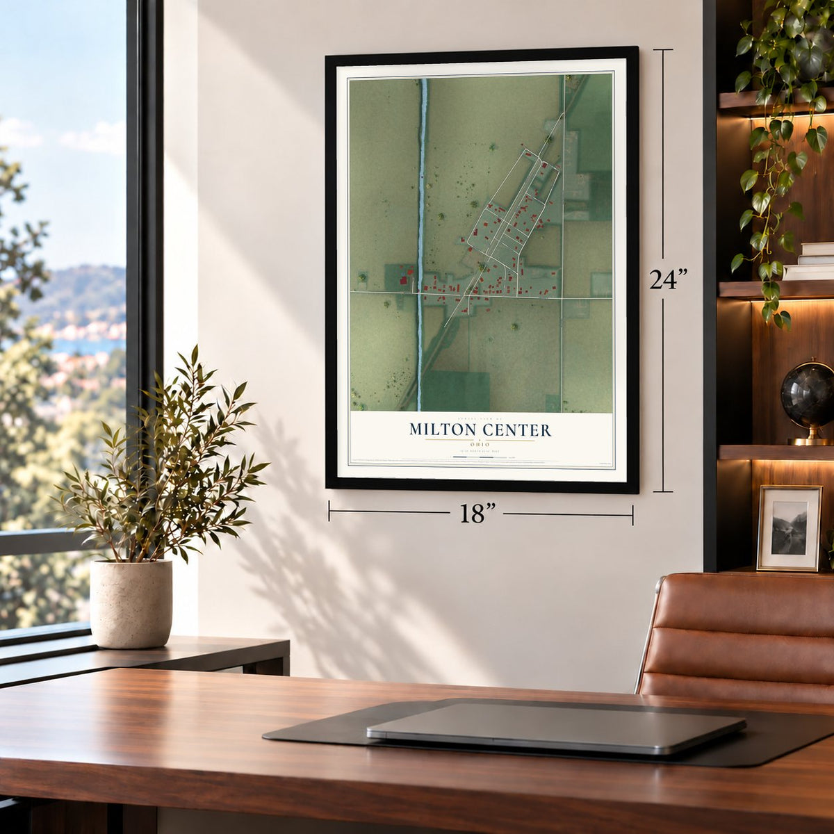 Milton Center, Ohio map, 18 x 24 inch print in a black frame in a home office