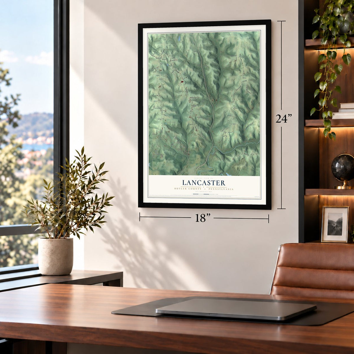Lancaster, Butler County, Pennsylvania map, 18 x 24 inch print in a black frame in a home office