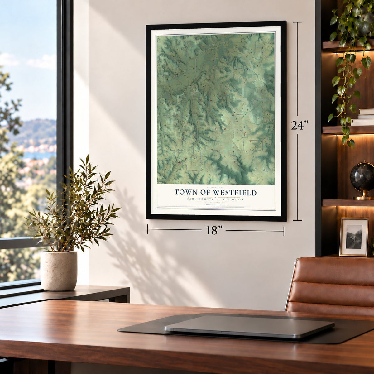 Town of Westfield, Sauk County, Wisconsin map, 18 x 24 inch print in a black frame in a home office