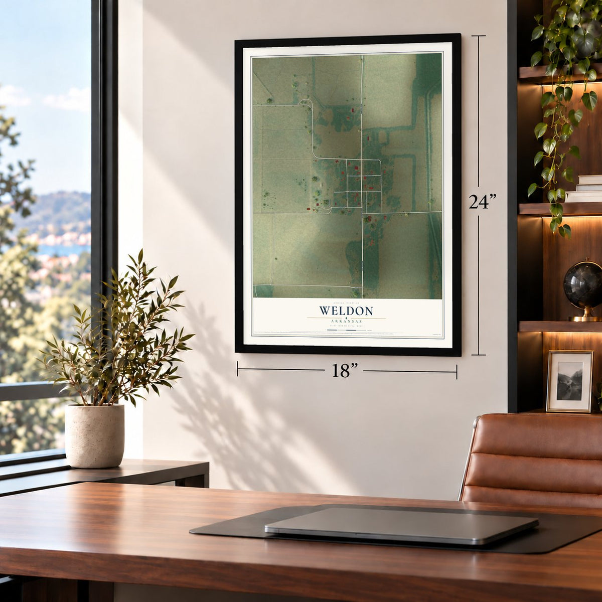 Weldon, Arkansas map, 18 x 24 inch print in a black frame in a home office