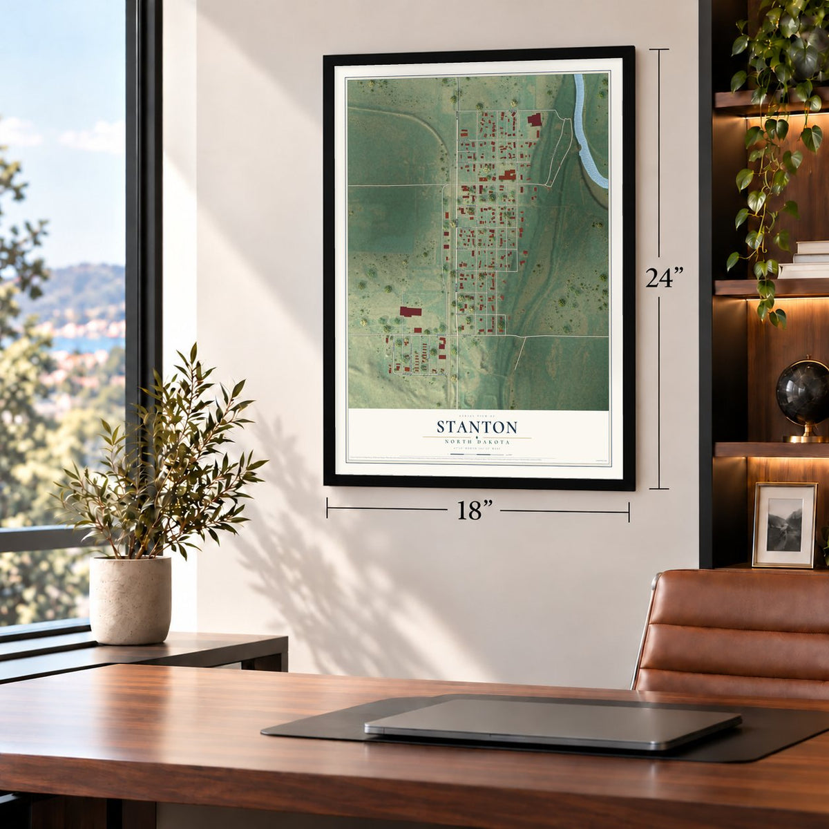 Stanton, North Dakota map, 18 x 24 inch print in a black frame in a home office