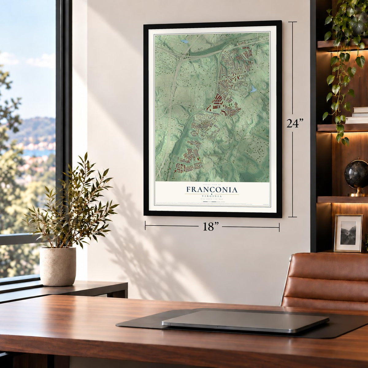 Franconia, Virginia map, 18 x 24 inch print in a black frame in a home office