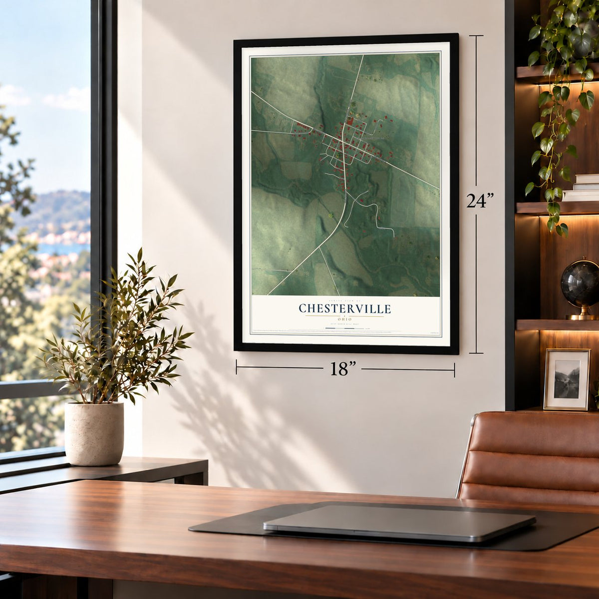Chesterville, Ohio map, 18 x 24 inch print in a black frame in a home office