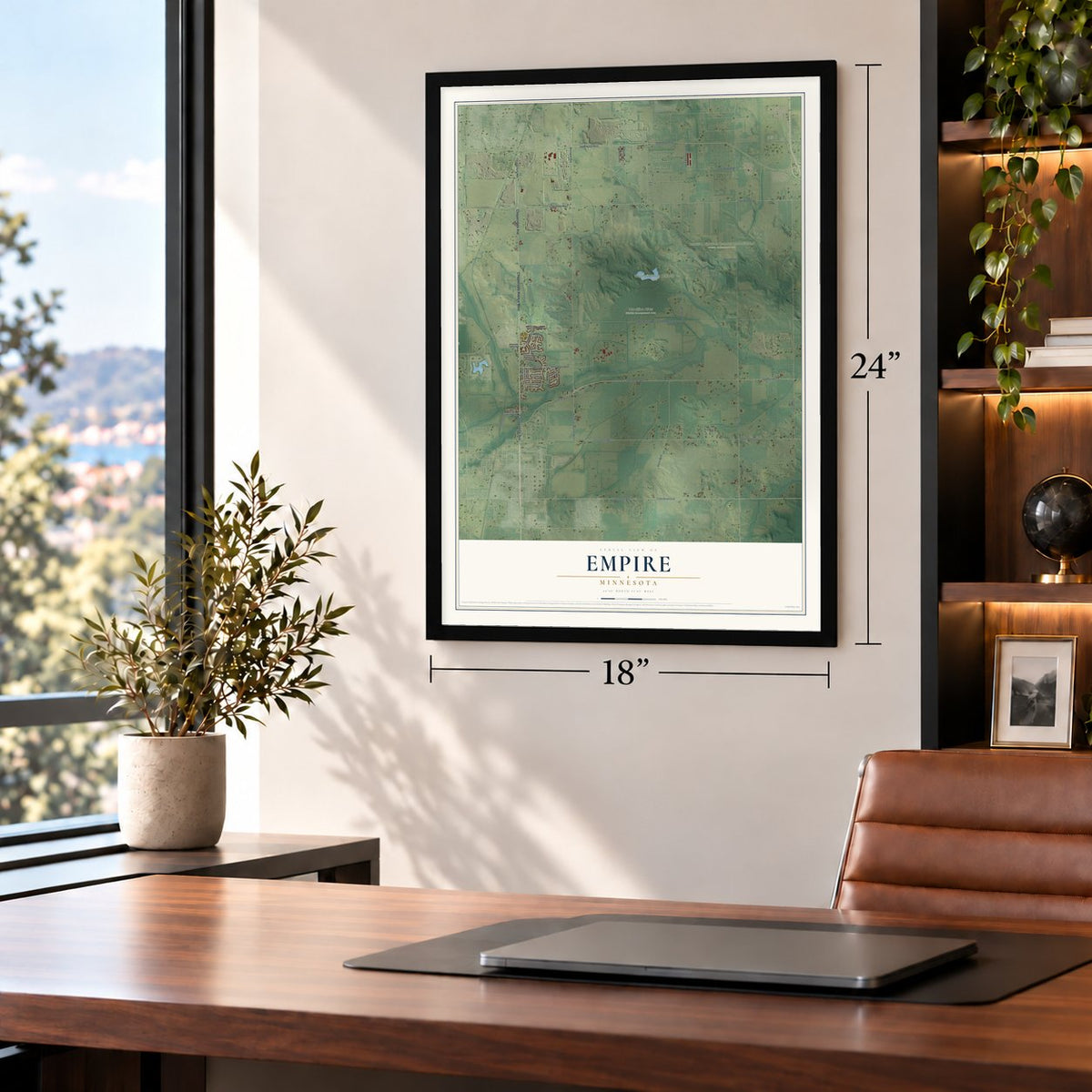 Empire, Minnesota map, 18 x 24 inch print in a black frame in a home office