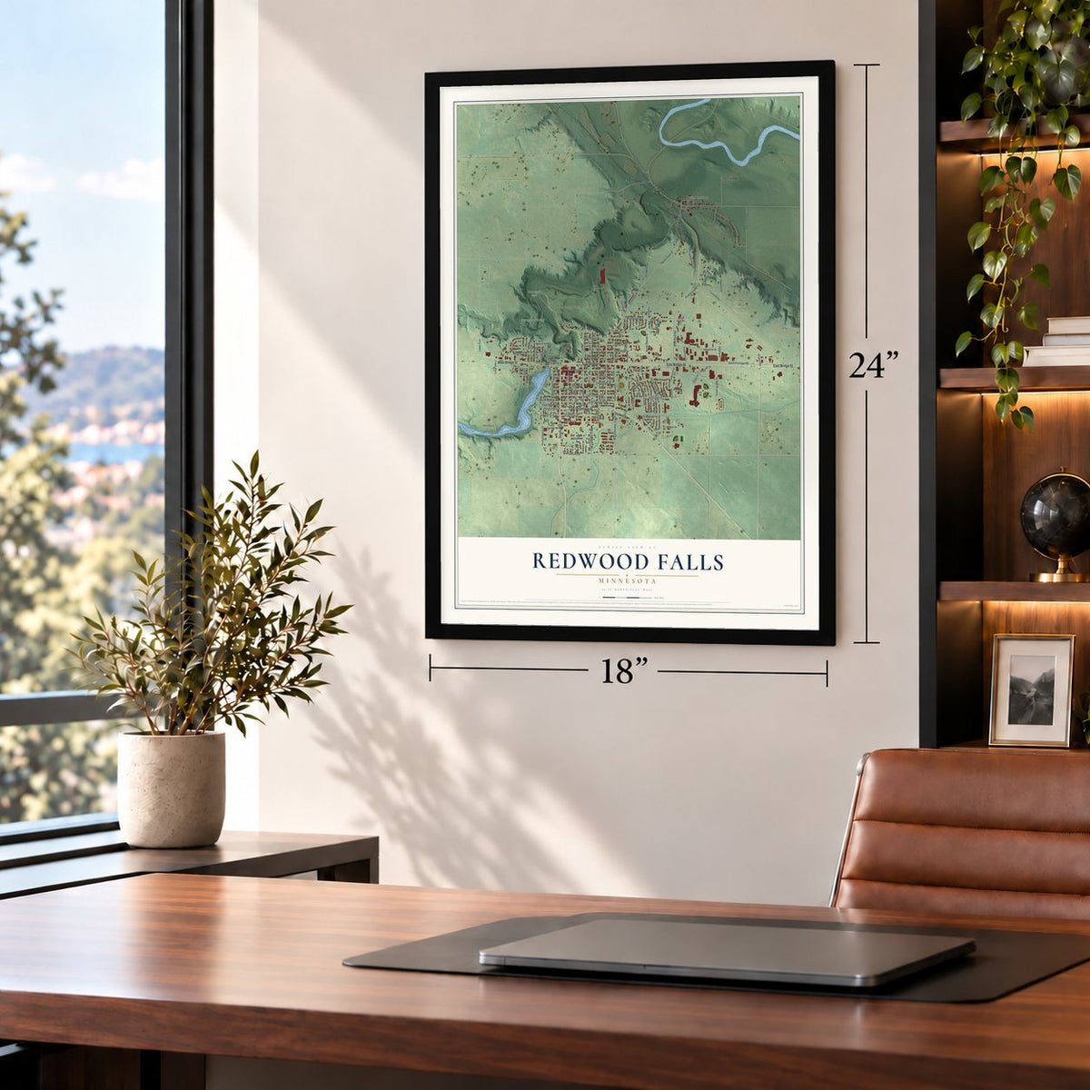 Redwood Falls, Minnesota map, 18 x 24 inch print in a black frame in a home office