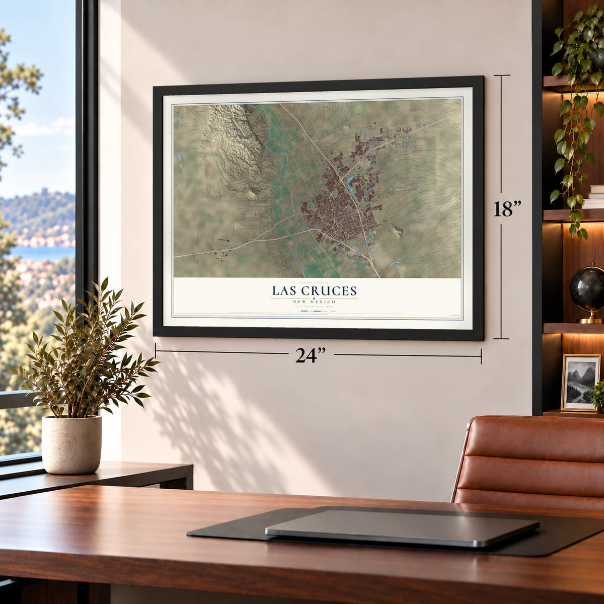 Las Cruces, New Mexico map, 18 x 24 inch print in a black frame in a home office