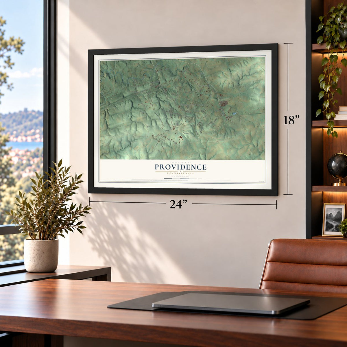 Providence, Pennsylvania map, 18 x 24 inch print in a black frame in a home office