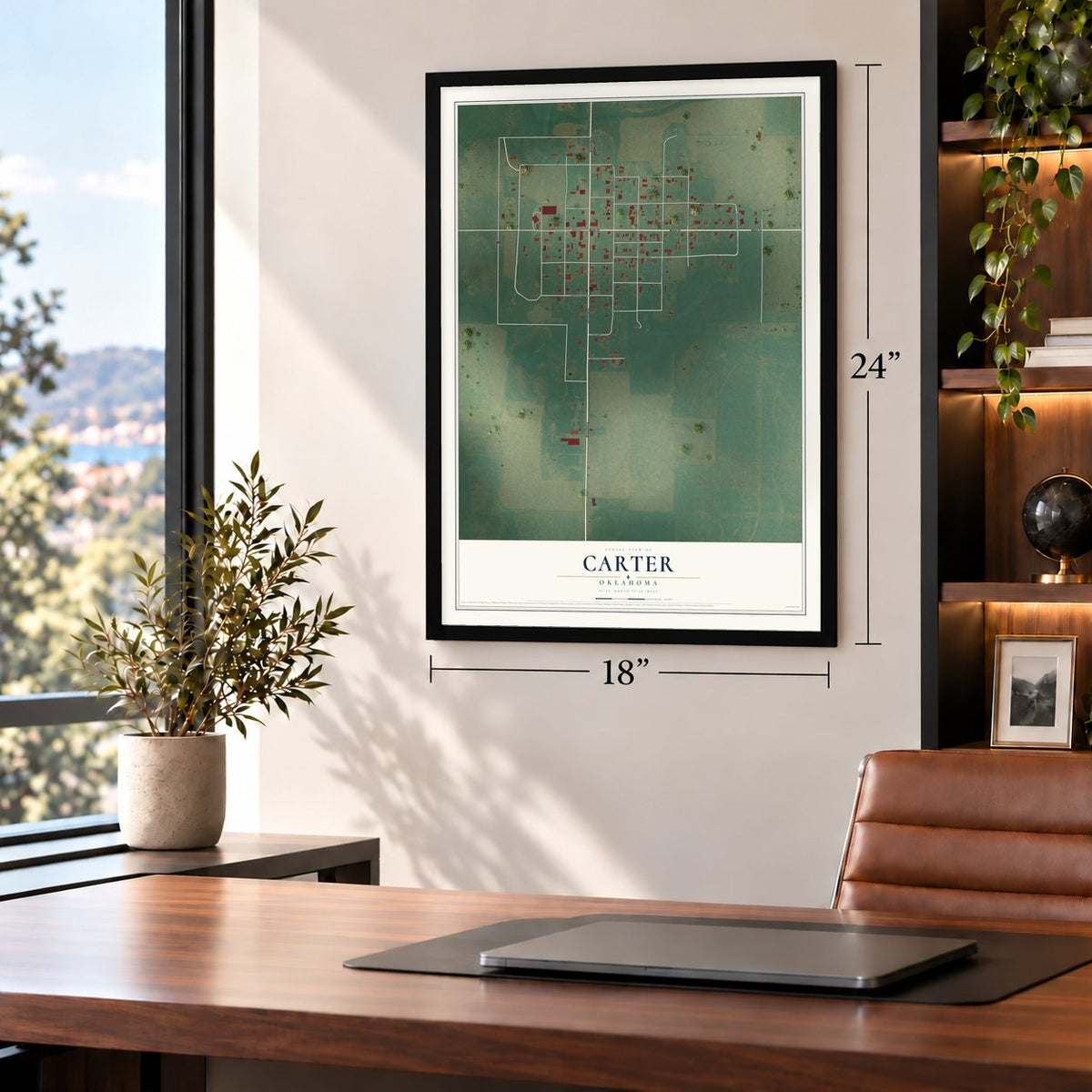 Carter, Oklahoma map, 18 x 24 inch print in a black frame in a home office