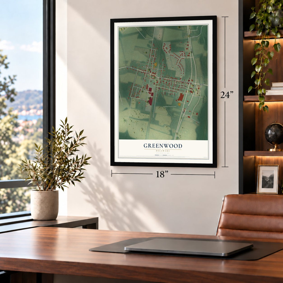 Greenwood, Delaware map, 18 x 24 inch print in a black frame in a home office