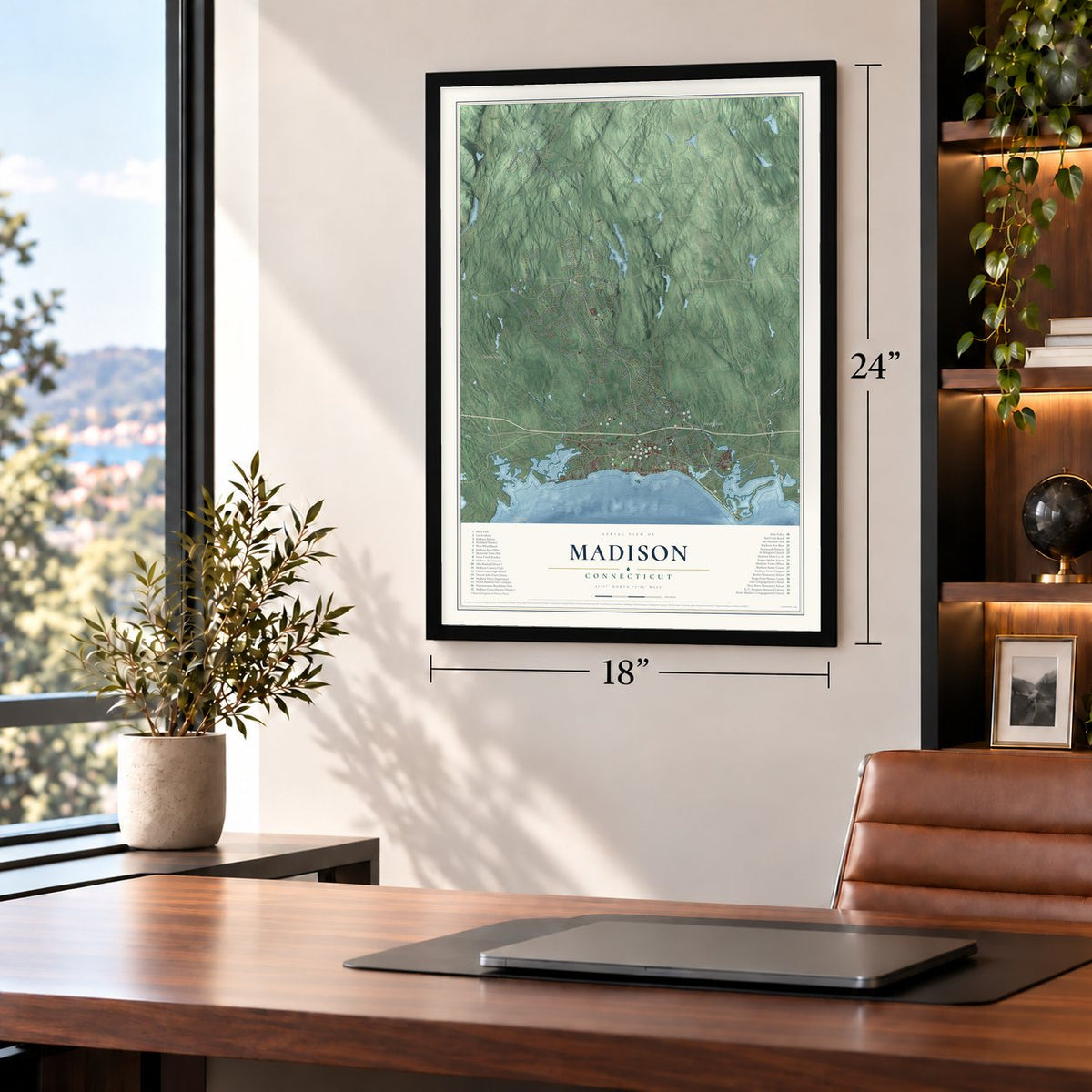 Madison, Connecticut map, 18 x 24 inch print in a black frame in a home office