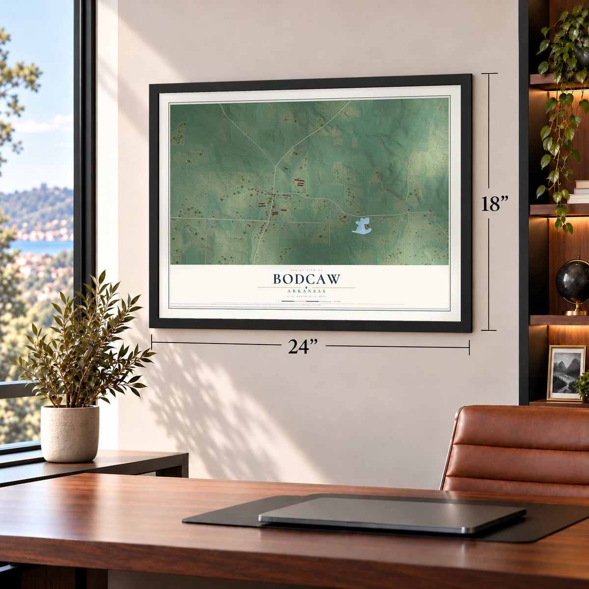 Bodcaw, Arkansas map, 18 x 24 inch print in a black frame in a home office