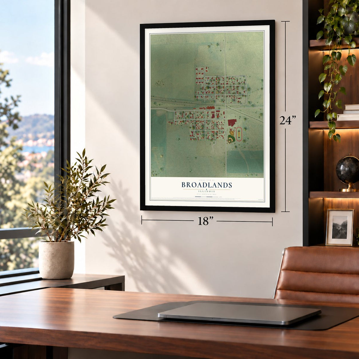 Broadlands, Illinois map, 18 x 24 inch print in a black frame in a home office