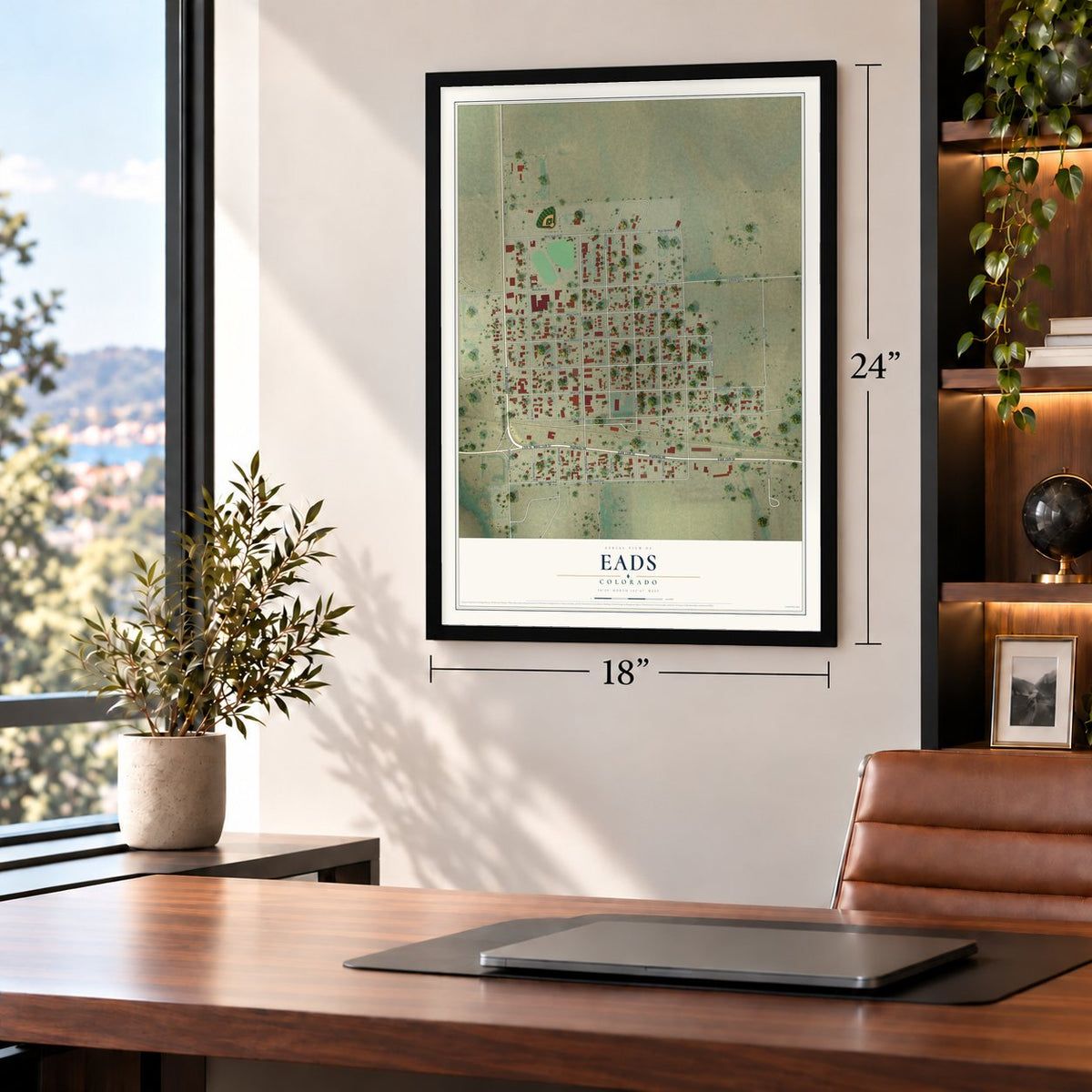Eads, Colorado map, 18 x 24 inch print in a black frame in a home office