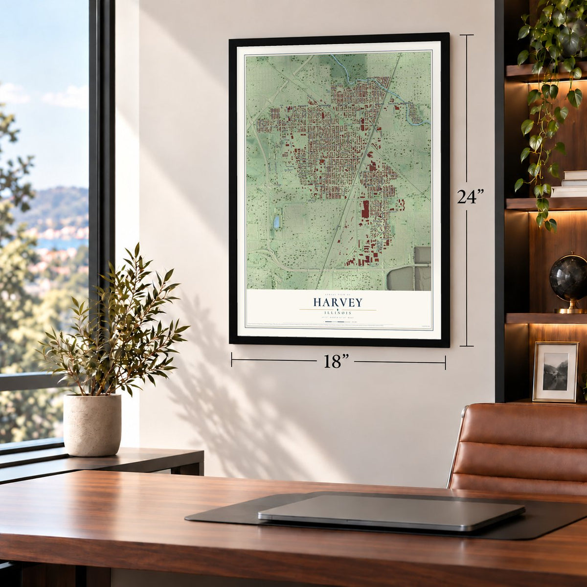Harvey, Illinois map, 18 x 24 inch print in a black frame in a home office